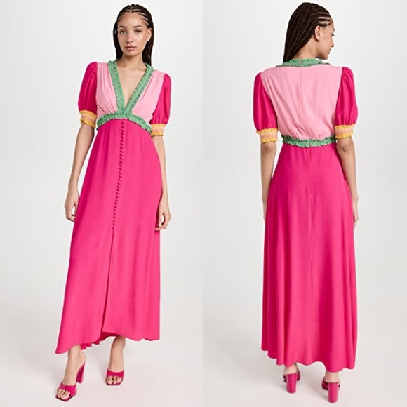 SALONI Dresses & Skirts - Saloni Lea Colorblock Crepe Maxi Dress Pink Green Size 4 US